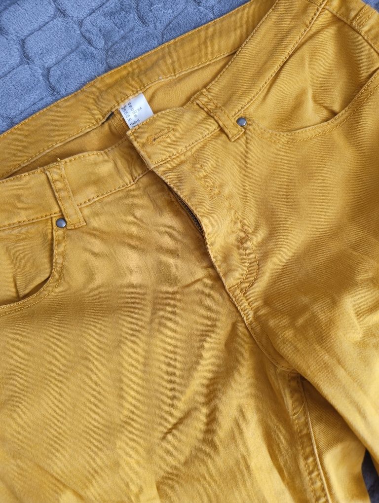 Żółte jeansy, spodnie, jak nowe, kieszenie, H&M, zapinane, L