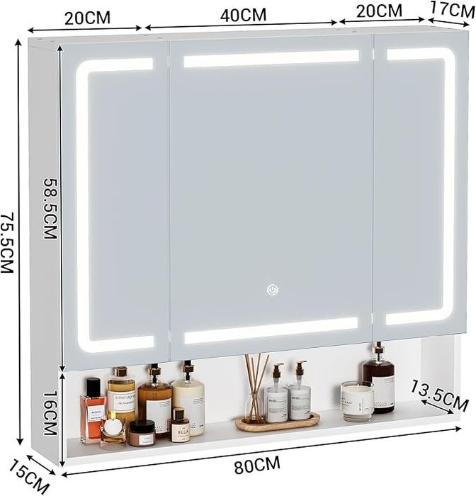Szafka łazienkowa z lustrem i oświetleniem LED oraz gniazdkami
