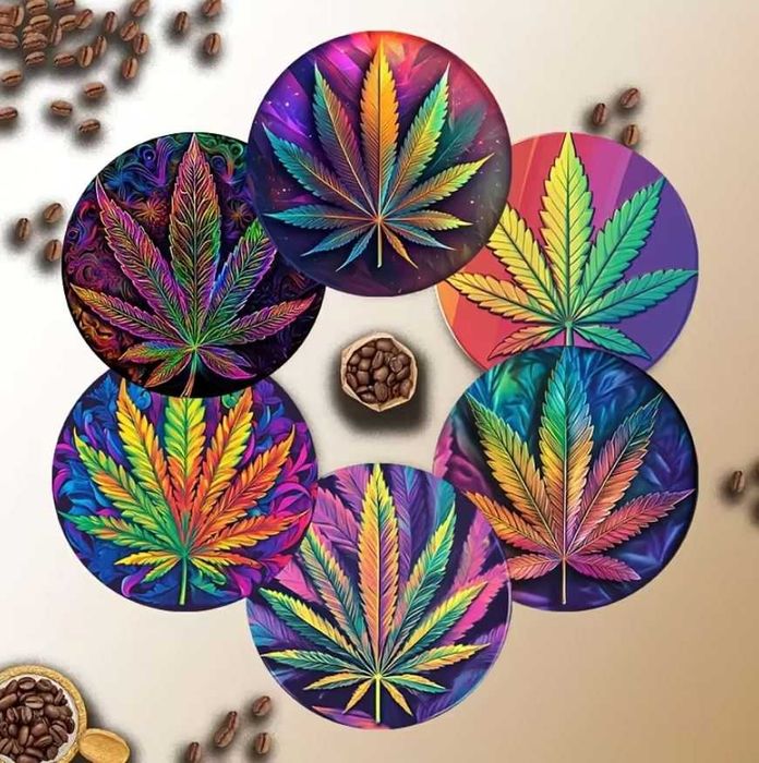 6x RETRO podkładki pod kubek LIŚCIE KONOPII NA PREZENT podstawki h261
