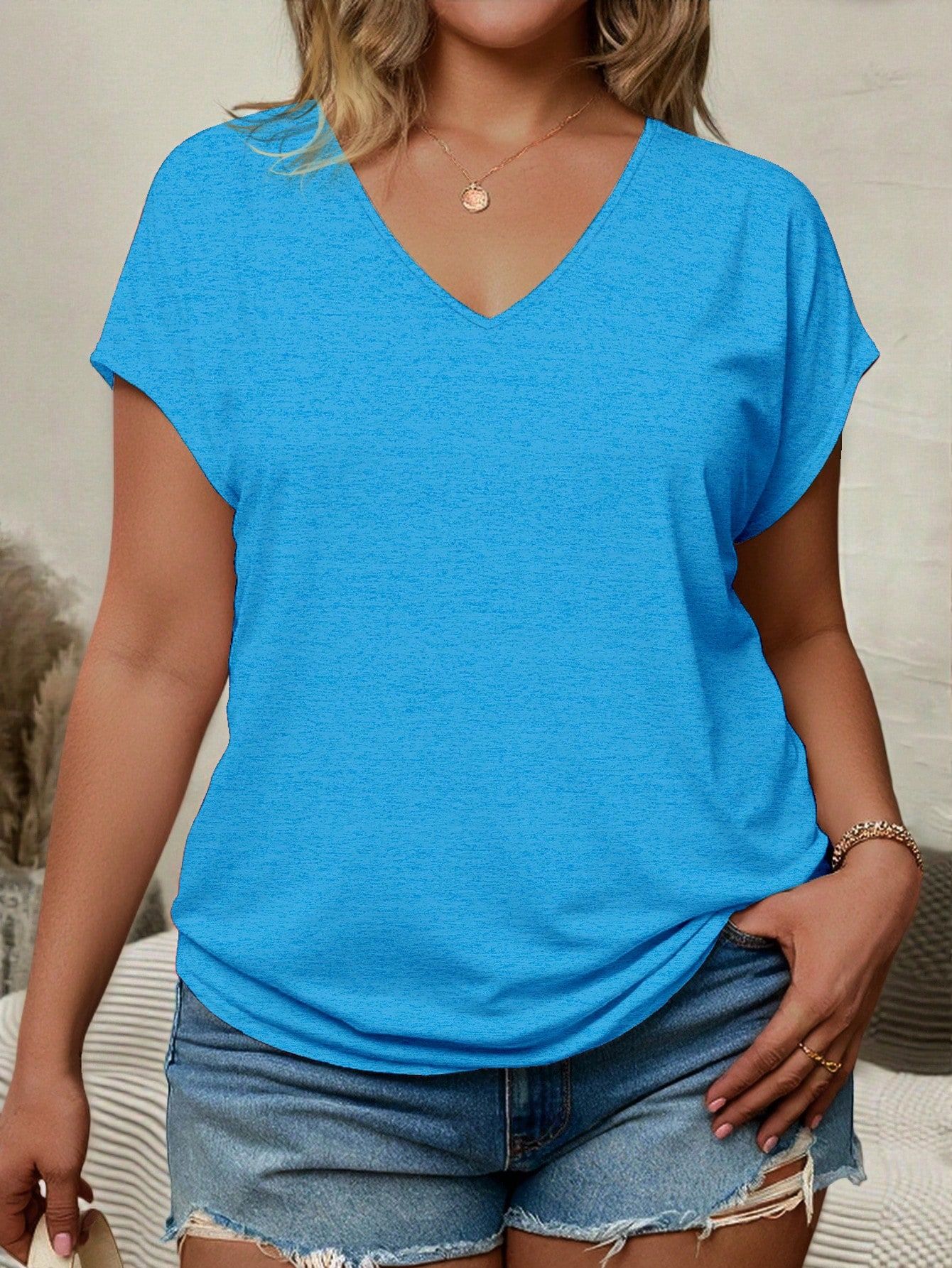 Bluzka Basic Z Dekoltem V Niebieska Casual Shein 4Xl 48