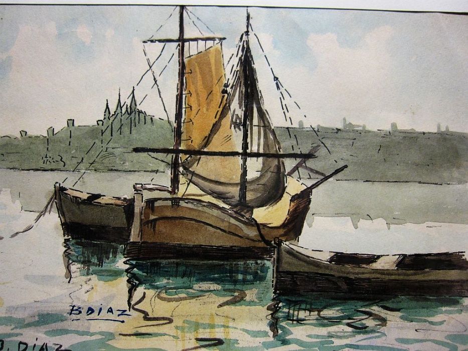 antiga aquarela - paisagem marítima - assinada B. Diaz