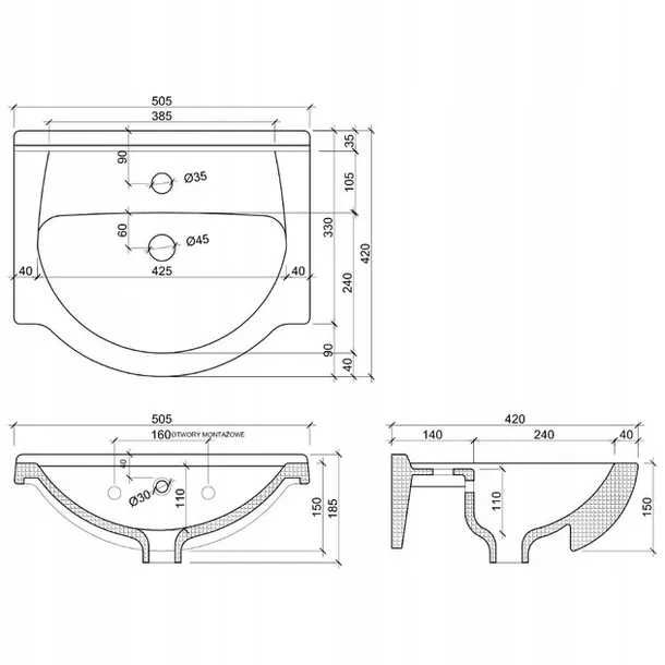 Umywalka ceramiczna w rozmiarze 50cm do szafki Piano