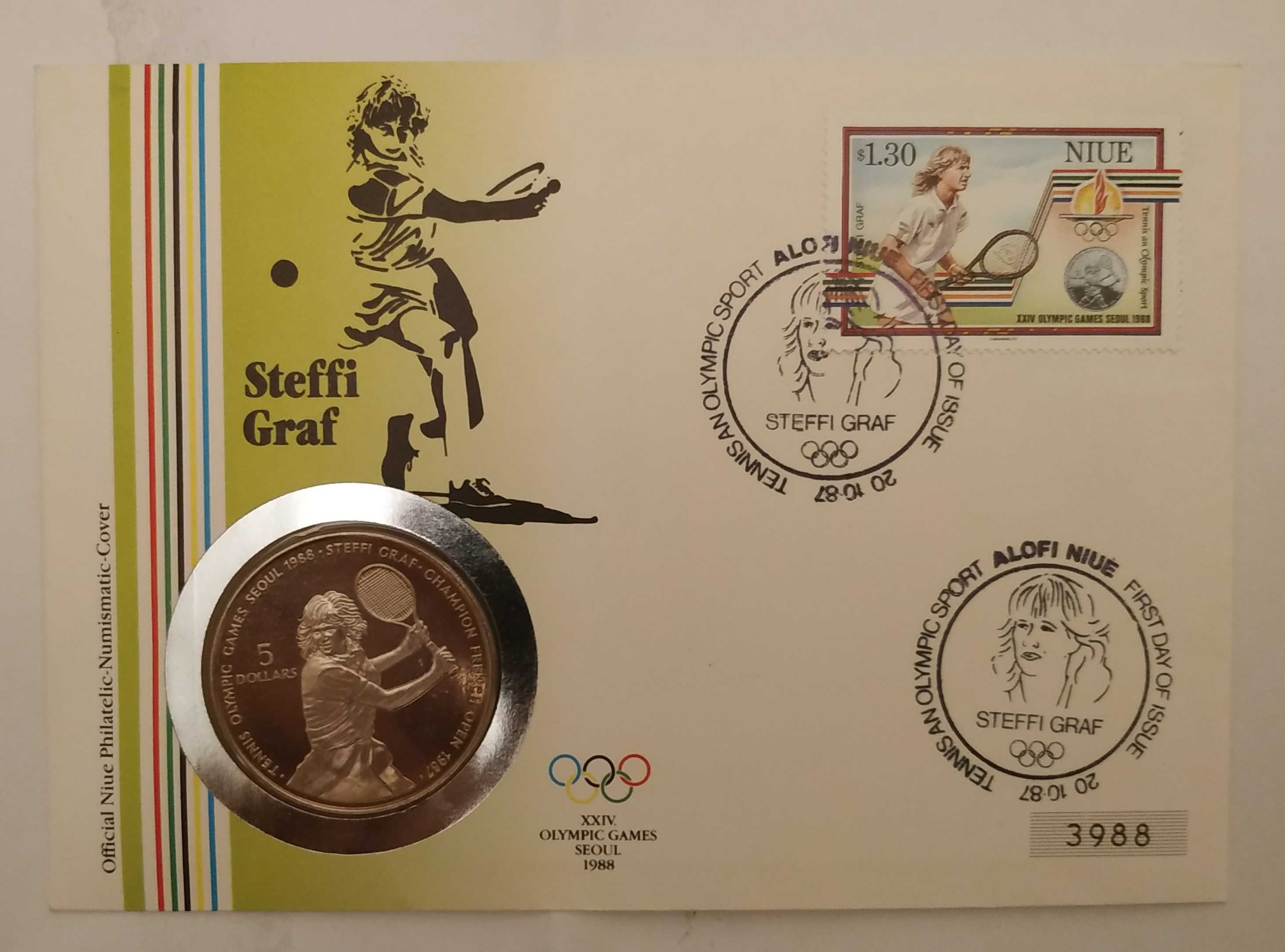 Niue-moeda de 5 dólares 1987 Steffi Graf e selo com carimbo do 1º dia