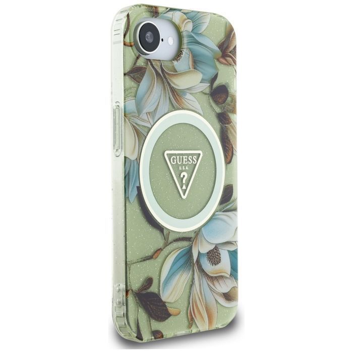 Etui GUESS IML Metal Glitter Flowers Triangle MagSafe do Iphone 16e