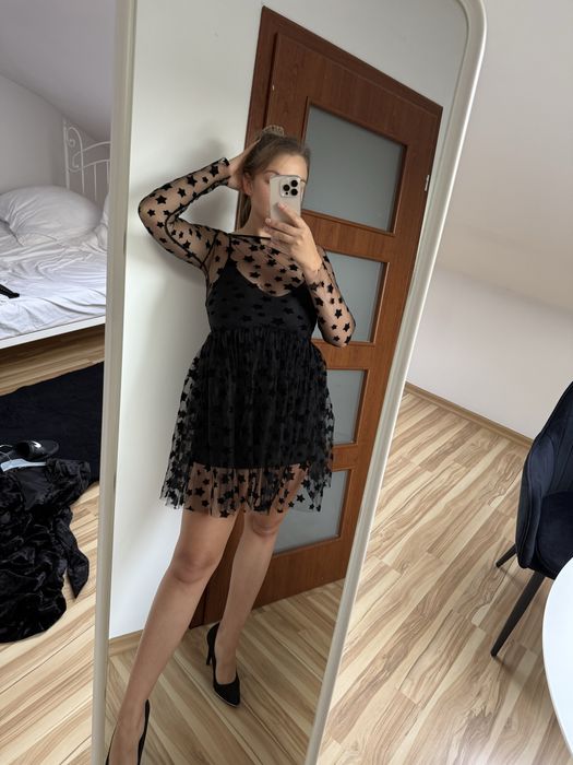 Sukienka damska czarna w gwiazdki tiulowa S/M