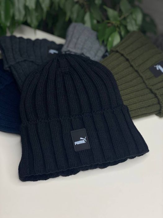 Мужская зимняя шапка Puma акрил на флисе в рубчик с подворотом Пума