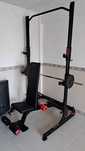 Rack + banco de musculação + conjunto de halteres/barra