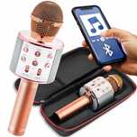 Mikrofon bezprzewodowy karaoke głośnik bluetooth różowe złoto futerał