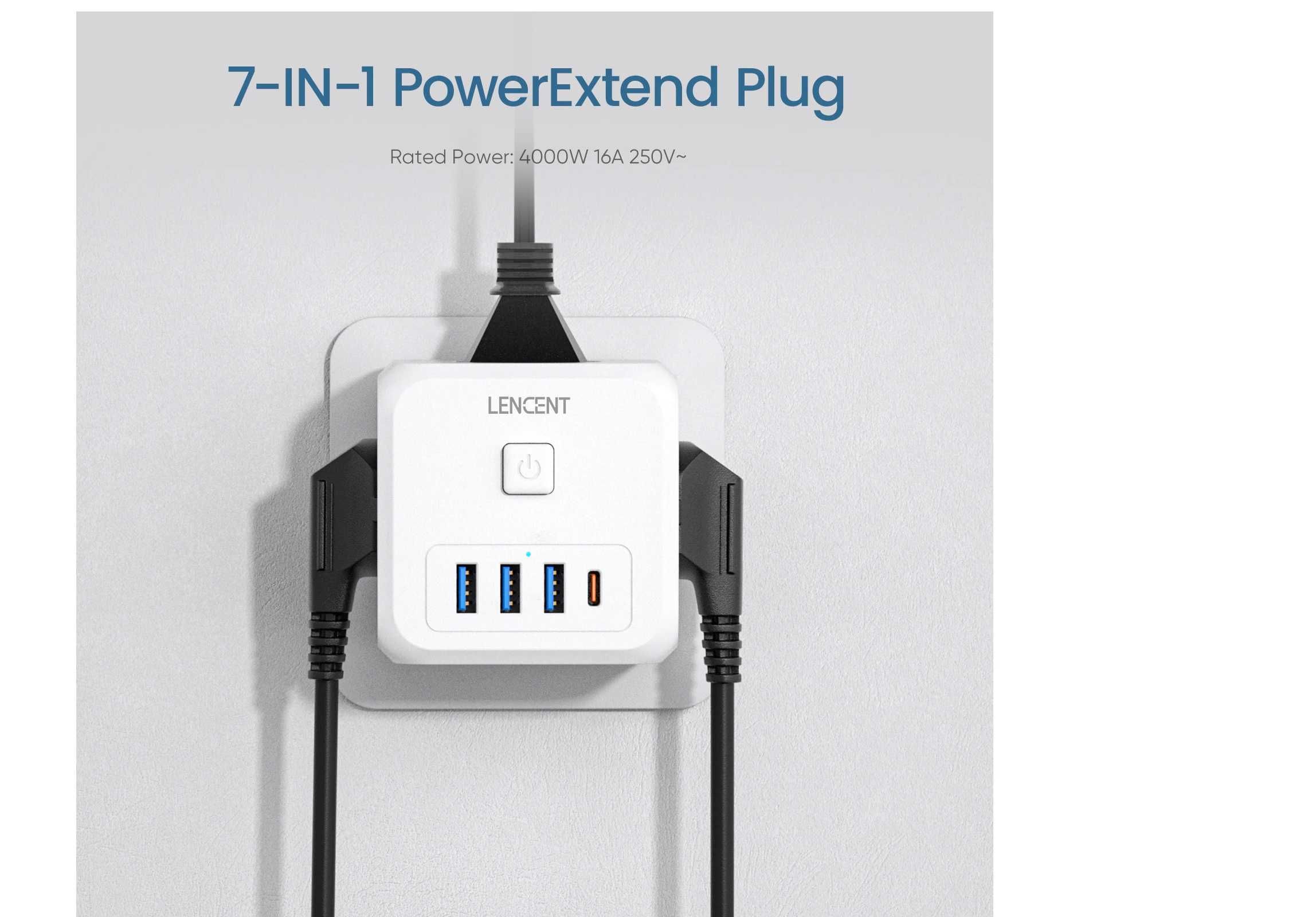 Тройник/Двойник 16A c адаптером и USB-розетками быстрая зарядкаLENCENT