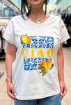 Biały damski T-shirt z wakacyjnym nadrukiem