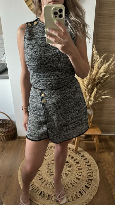 Komplet top spódnica z wyższym stanem szary ZARA S 36