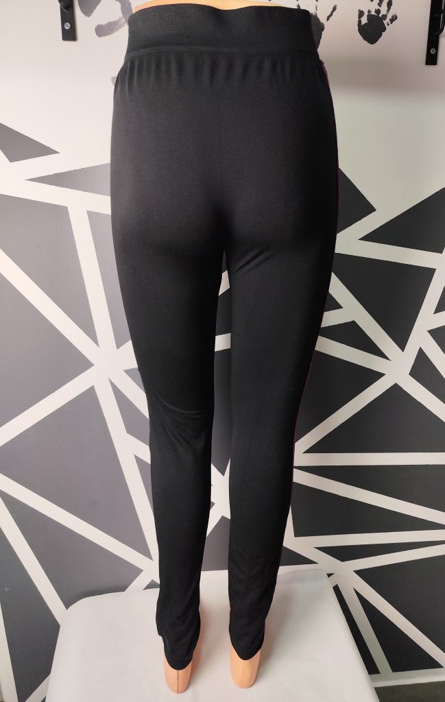 NOWE Damskie czarne legginsy różowe paski rozmiar M