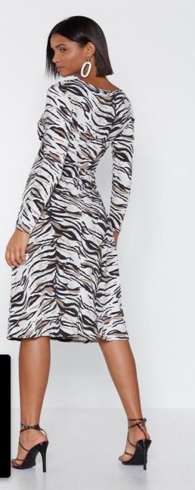 Nasty Gal extra midi Sukienka zwierzęcy wzór zebra roz. 36 _ S