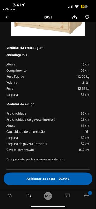 Comoda com 3 gavetas pinho 60 x 59 cm - 2 unidades