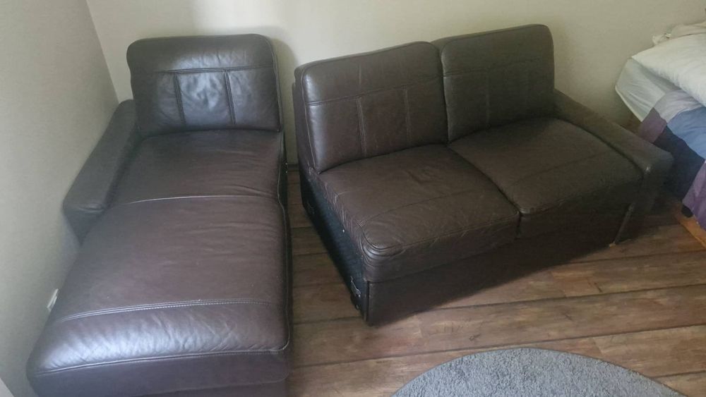 Sofa/kanapa, rozkładana, skórzana, brązowa, narożnik (pojemnik na pośc
