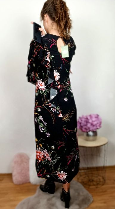 Nowa czarna w kwiaty z falbanami sukienka damska maxi długa XS  H&M 
S