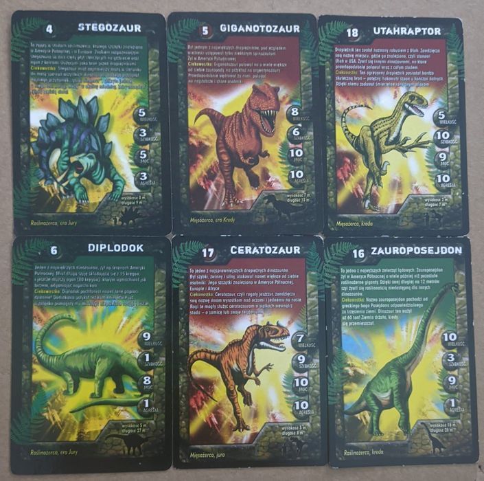 Karty kolekcjonerskie Dinozaury 4,5,6,16,17,18