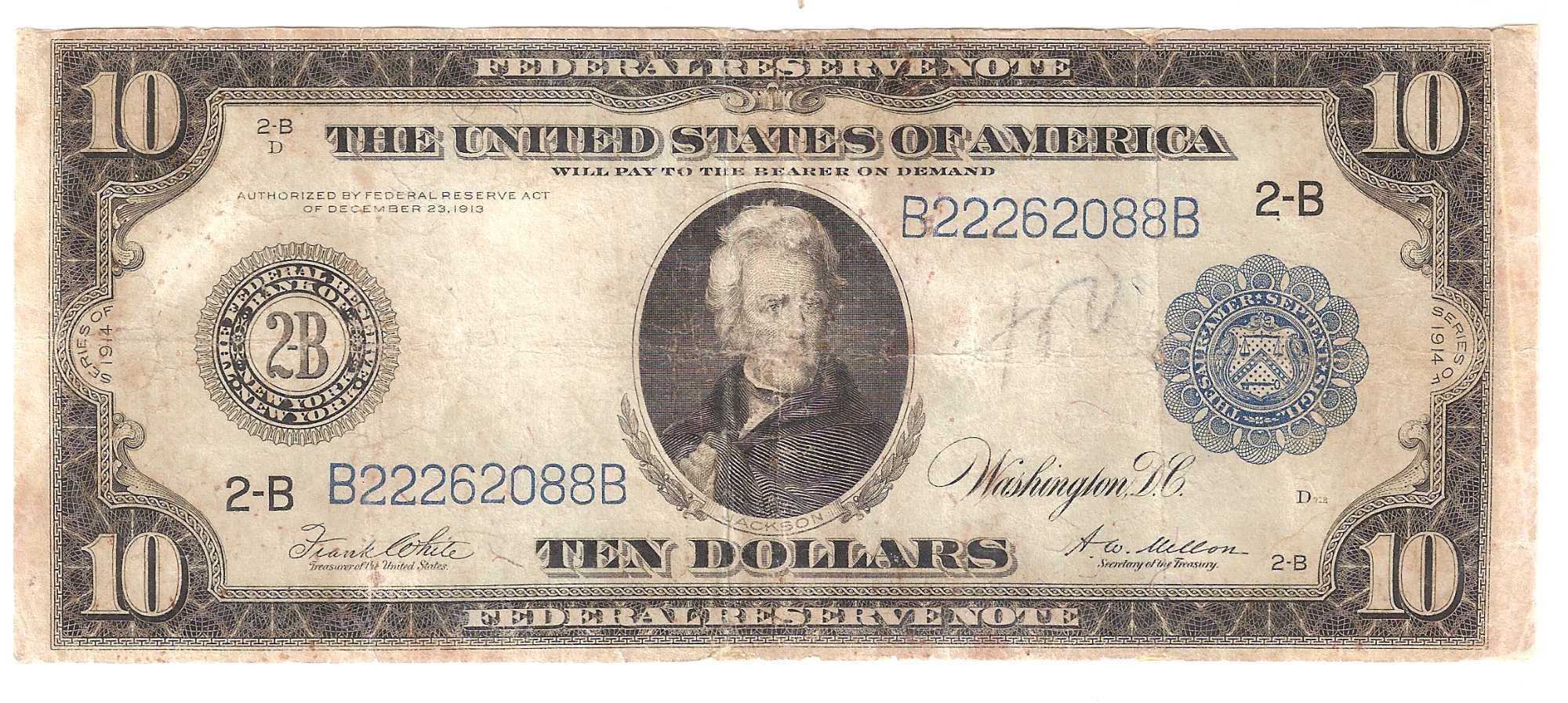 Банкнота США 10 Долларов 1914 год