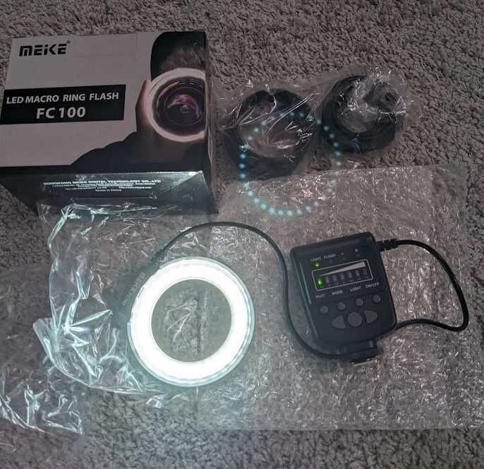 Lampa pierścieniowa F100 makro Canon Nikon adaptery, nieużywana