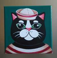 Czarny Kot Marynarz Oryginalny Miniaturowy Obraz 15x15 cm