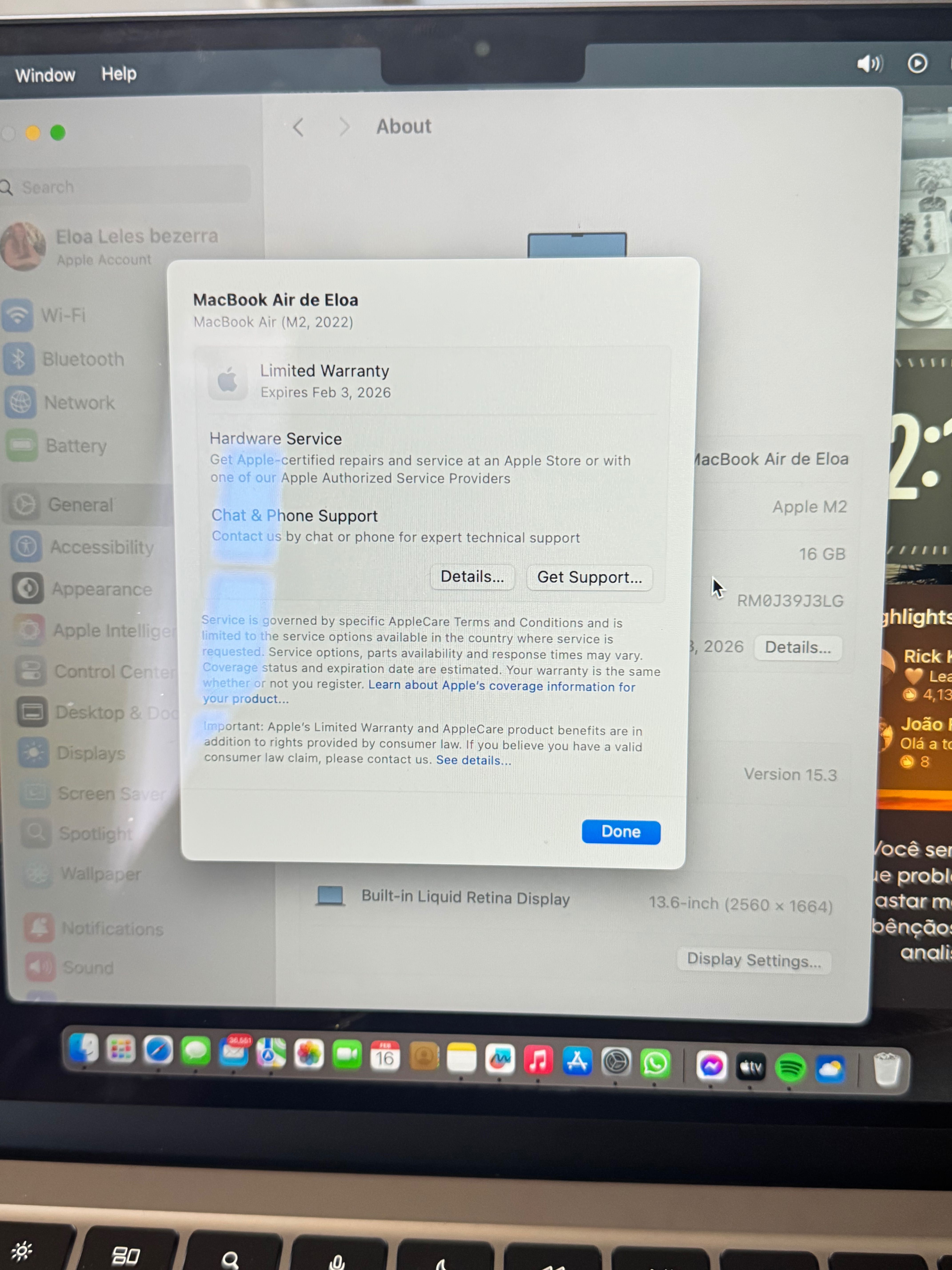 MacBook Air M2 13 polegadas 16GB de memoria unificada SSD de 256GB
