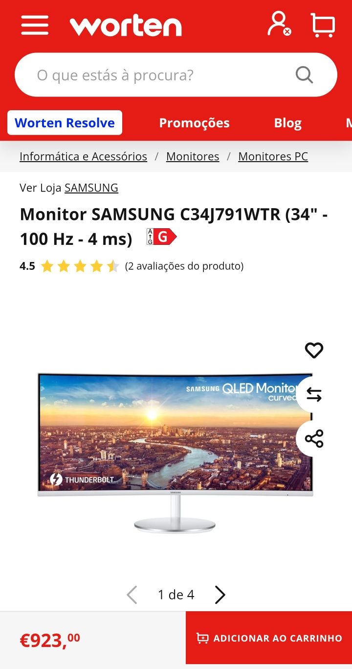 Monitor SAMSUNG C34J791WTP 1440p (34" - 100 Hz)