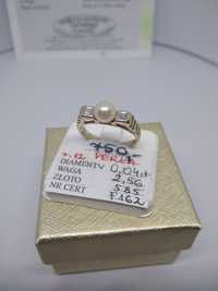 Złoty pierścionek z perłą i diamentami złoto 585 Rozmiar 12   343