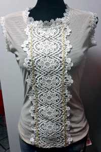 elegancka beżowa bluzka z ażurkowym przodem (S)