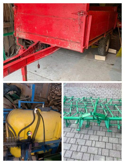 Przyczepa jednoosiowa, brony, opryskiwacz