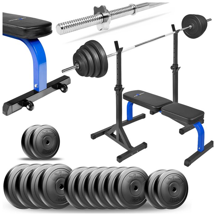 Ławka treningowa stojaki gryf obciążenia - zestaw do ćwiczeń 111kg