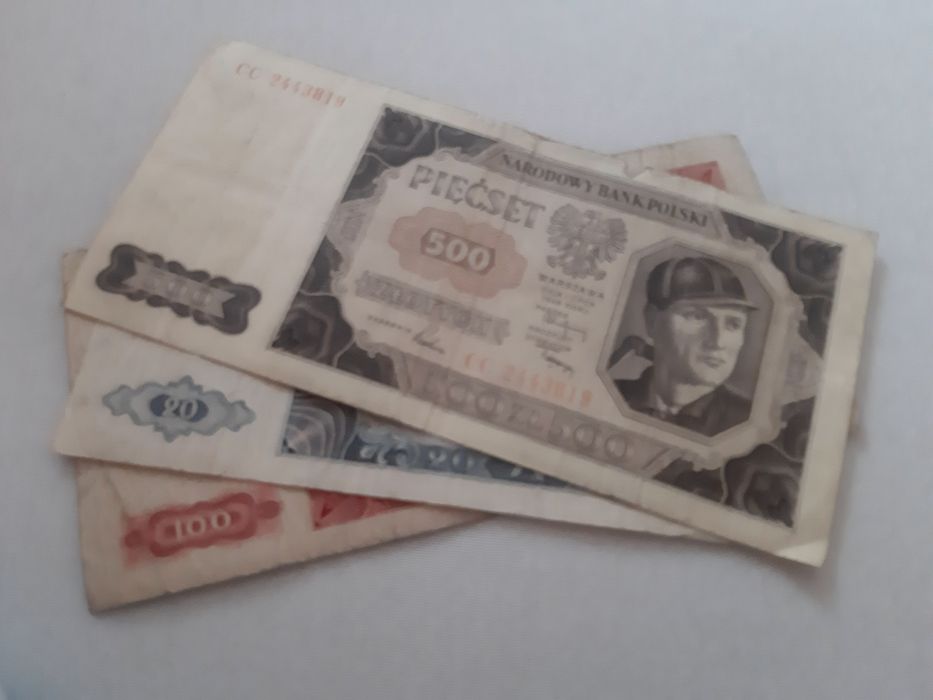 3 banknoty 20, 100, 500 zł  z 1948r