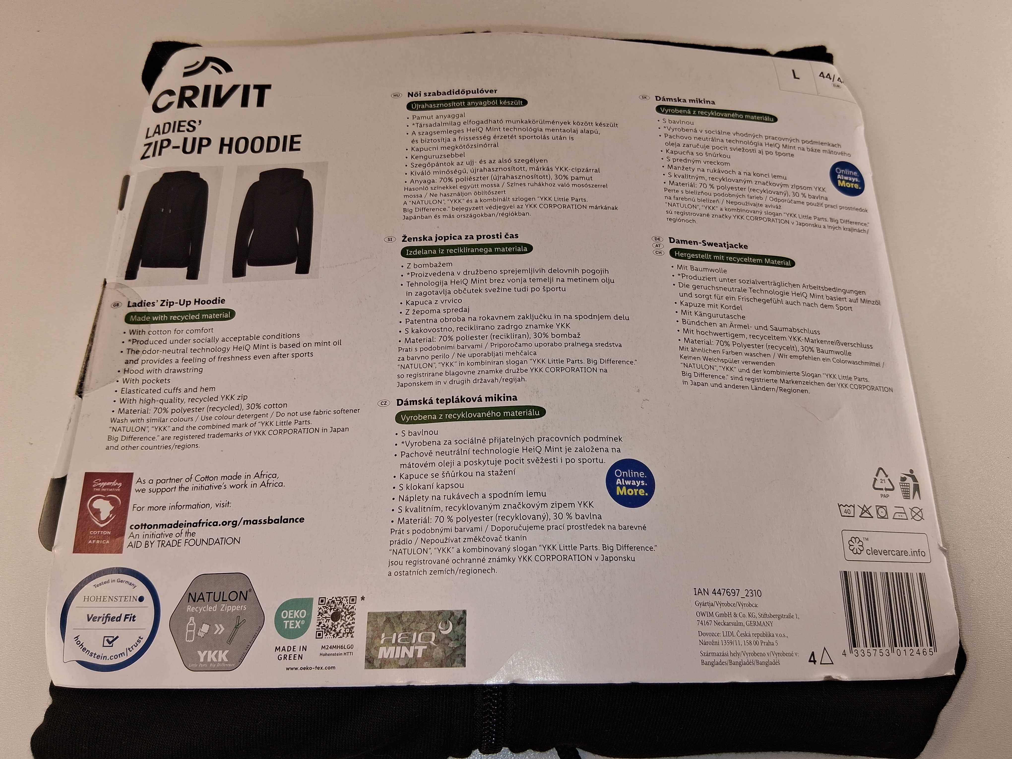A256 Crivit Basic Damska Bluza Z Kapturem Zip-Up Hoodie L 44/46 Czarna
