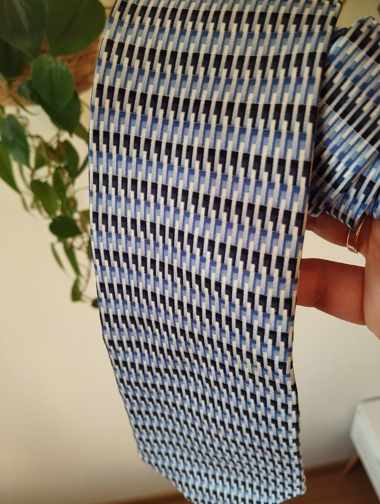 Męski jedwabny krawat 100% silk we wzorki, niebieski, 9,5 cm, Umo Lore