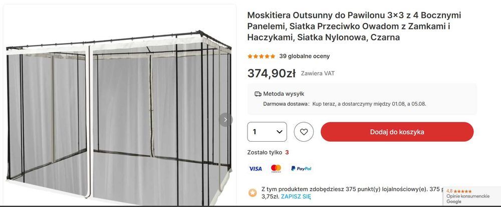 Moskitiera Outsunny do Pawilonu 3x3 z 4 Bocznymi Panelemi