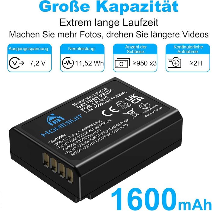 Zestaw 3 akumulatory 1600 mAh + ładowarka Homesuit LP-E10 do Canon EOS
