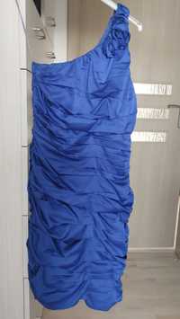 Kobaltowa drapowana na jedno ramię sukienka 36 S