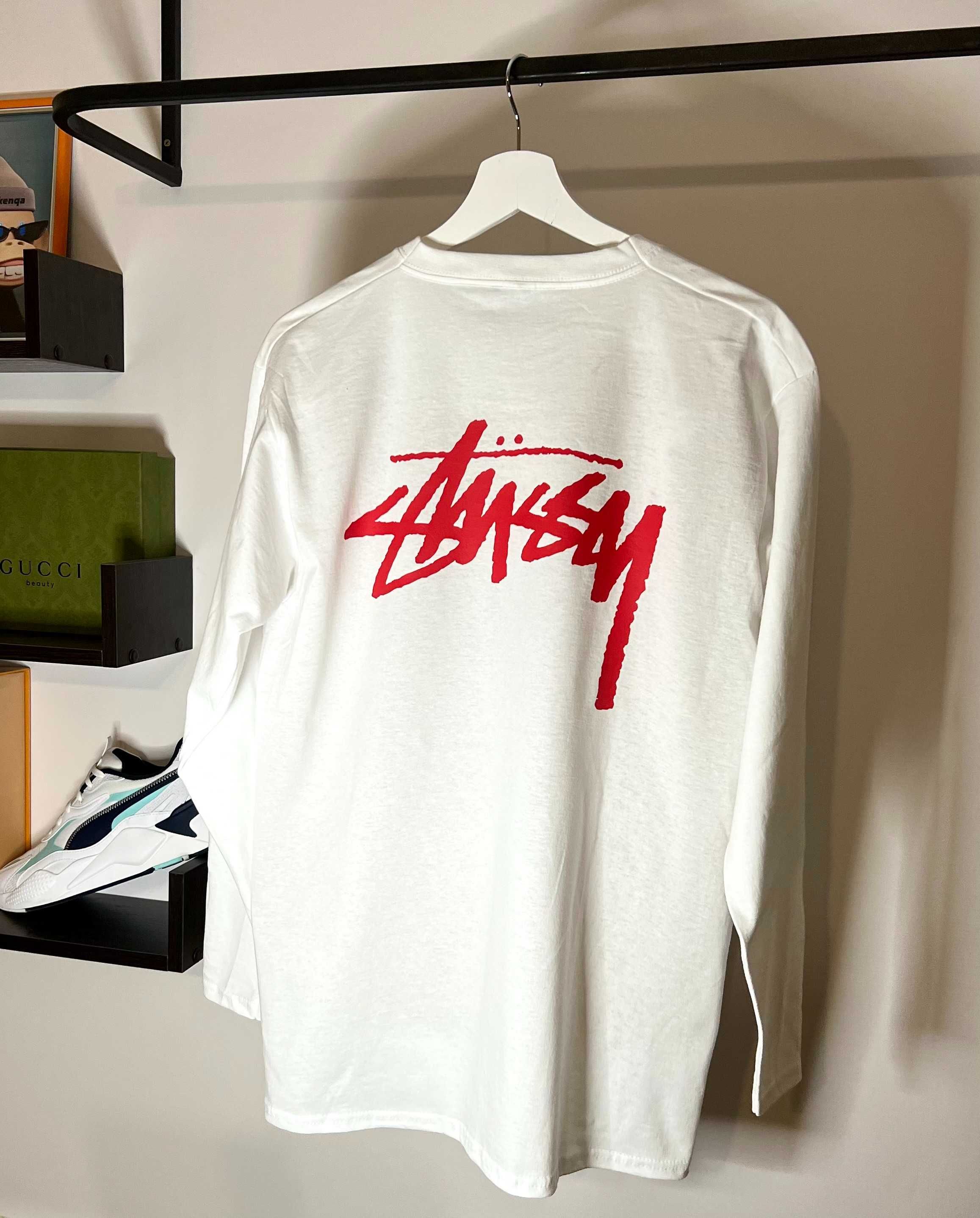 Лонгслів Stussy білого кольору (red logo)