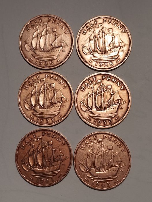 Moedas de 1/2 Penny Inglaterra de 1912 a 1966