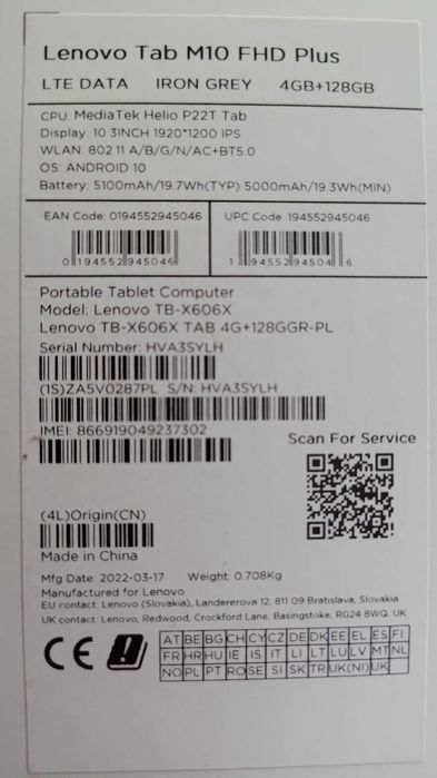 Tablet LENOVO Tab M10 Plus TB-X606X 10.3" 4/128 GB LTE Wi-Fi Szary