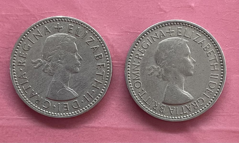 Монеты Англии: 1 Shilling 1956 и 1953гг разный герб