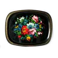 Taca ozdobna czarna emalia kwiaty ręcznie malowane Rosja dekoracja