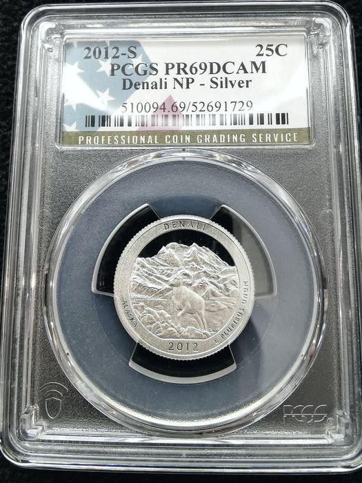 США 25 центів 2012р.-Національні парки " ДЕНАЛІ". СРІБЛО. СЛАБ PCGS