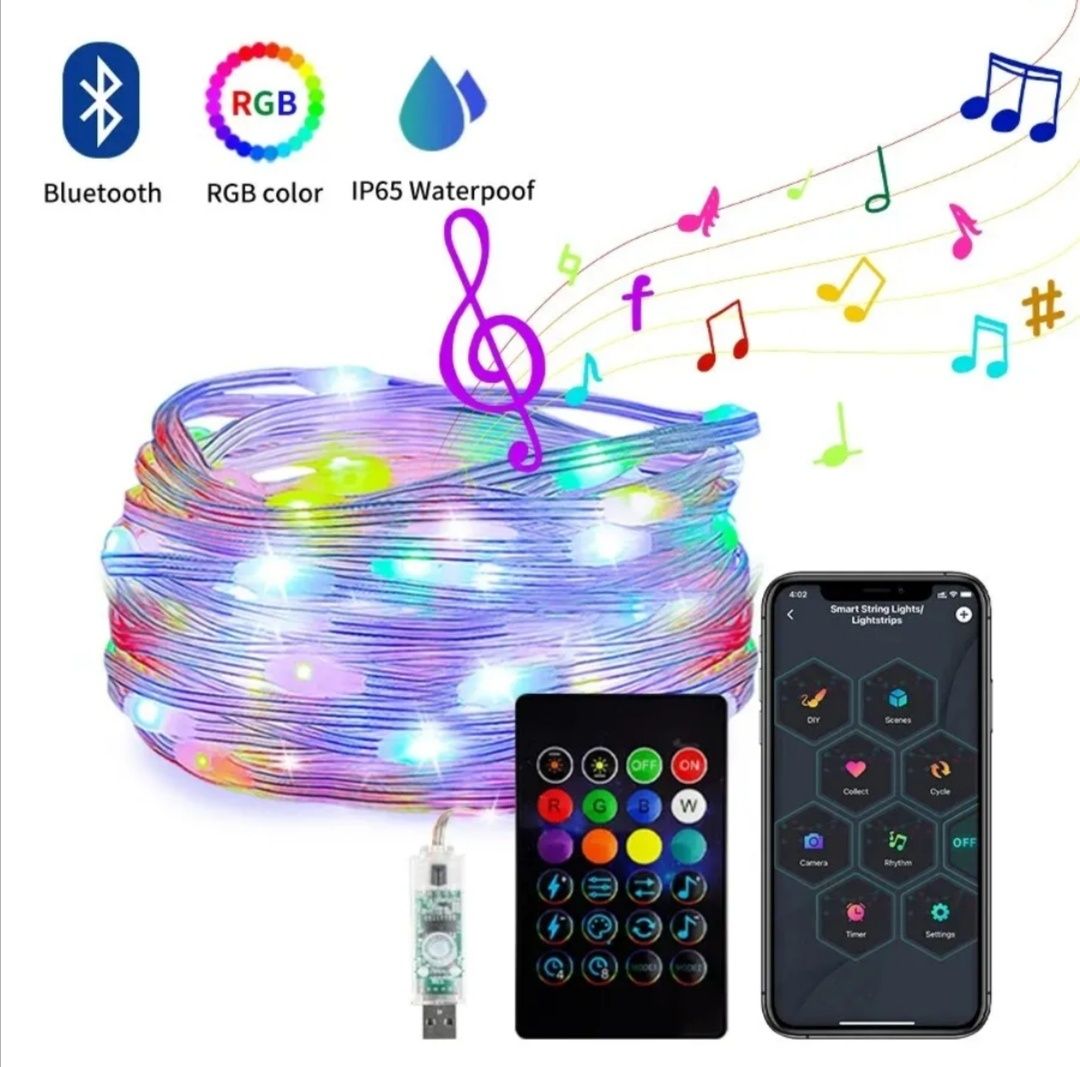 Умная  светодиодная смарт RGB 100 LED Bluetooth гирлянда 10 м.