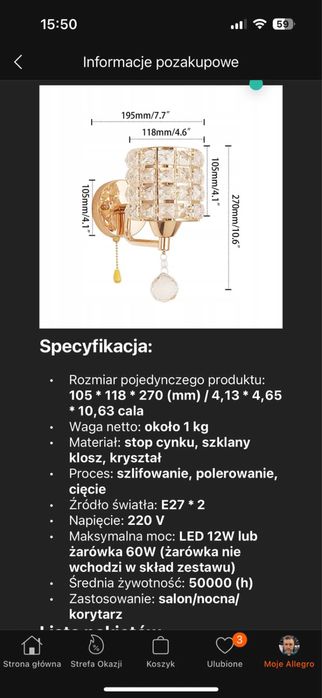 Złoty kryształowy kinkiet