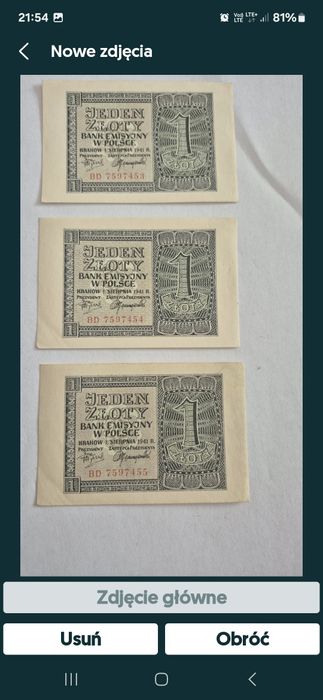 3 banknoty 1zl 1941 kolejne nr serii