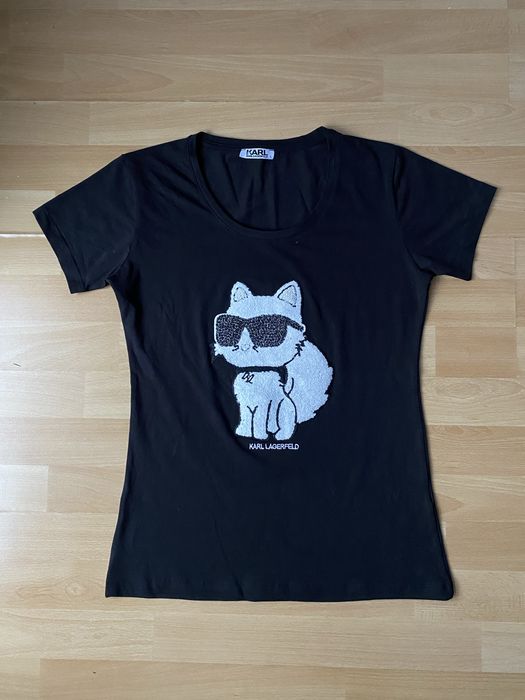 Kar Lagerfeld - T-shirt Damski z Kotem - Raz Założona - Rozmiar L