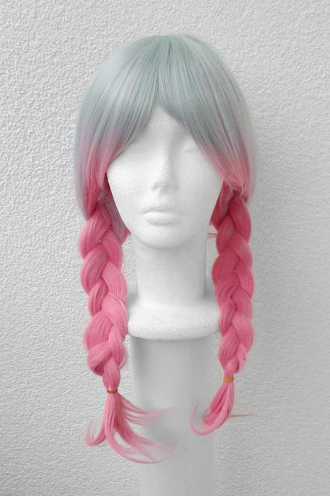 Ombre różowa zielona dwukolorowa peruka wig cosplay długa prosta