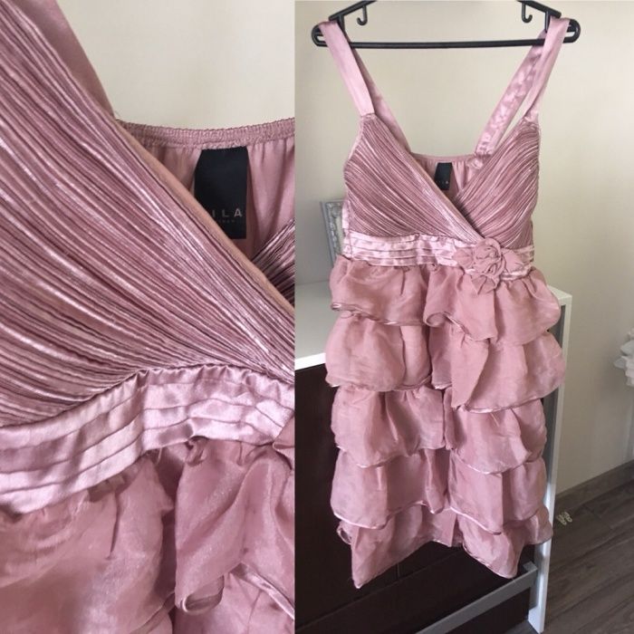 Sukienka wizytowa koktajlowa brudny roz falbanki Vila r s/m