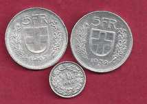 Suiça   3  Moedas  de Prata  5 Fr  e Meio franco