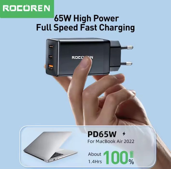 Зарядний пристрій Rocoren GaN 65W (2xType-C + USB-A) ноутбук повербанк